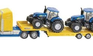 Camion cu remorca platforma joasa si 2 tractoare New Holland T7070