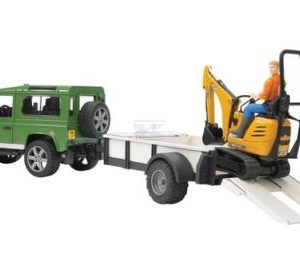 Masina de teren Land Rover Defender cu remorca si excavator cu senile JCB