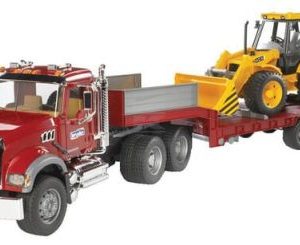 Camion Mack Granite cu remorca platforma joasa si buldoexcavator cu roti JCB
