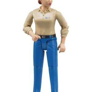 Figurina femeie cu camasa bej si blugi albastri